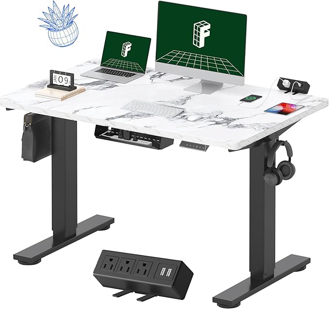 FLEXISPOT EN2 Whole-Piece Standing Desk with Clamp Power Strip, 48 x 30 Electric Stand Up Height Adjustable Desk with Cable Management (Black Frame + 48" Marble Gray, 2 Packages)