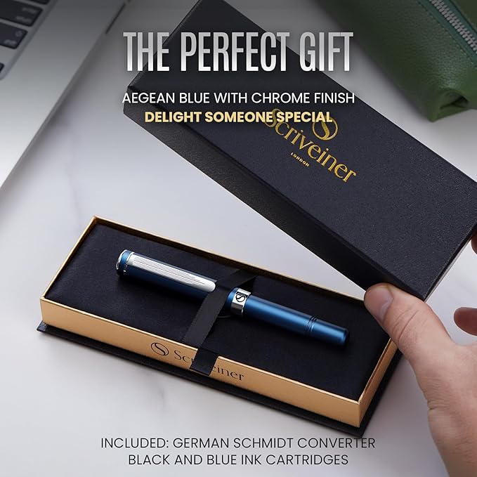 Scriveiner Luxury EDC Fountain Pen (Medium), Stunning Matt Blue Pocket Pen, Chrome Finish, Schmidt German Nib, Converter, Best Writing Pen Gift Set for Men & Women, Nice Fancy Office Designer Pen