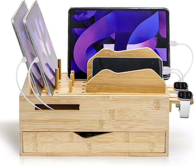 Yopay Family Charging Station with Drawer, Bamboo Charging Station for Multiple Devices, Cell Phone Docking Stations Organizer for Tablet, Laptop, Nightstand Bedside Desk Device Charger Organizer