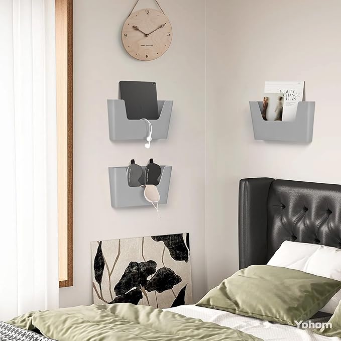 YOHOM No Drilling File Holder Wall Mails Magazines Organizer Adhesive Door Mount, Single Pocket, (White 1) (GREY, 3 PCS)