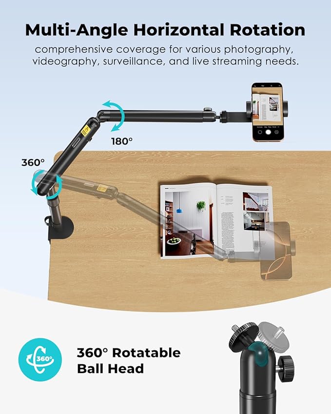 Viozon Overhead Camera Mount, Overhead Phone Stand, Flexible Aluminum Alloy Spring Arm with 360° Ball Head,1/4"&3/8" Interface for DSLR Camera/Rrojector/Microphone/Ring Light/Webcam/Phone