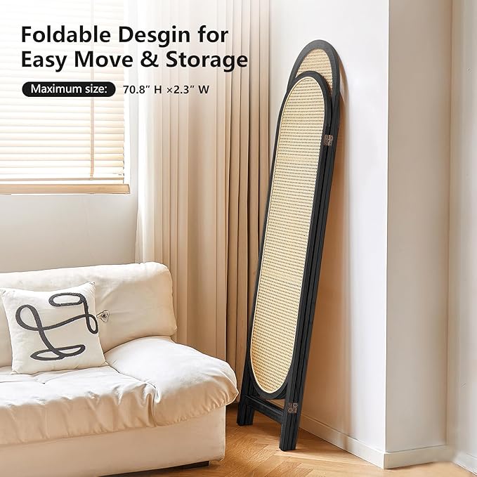 Asnefeli Room Divider 3 Panel, Hand-Woven Rattan Room Divider with Wooden Frame, Unique Design Foldable Privacy Screen, Portable Freestanding Partition Screen for Home Office, Bedroom, Black