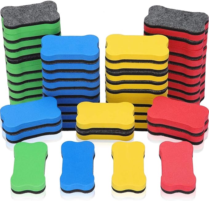 Outus 48 Pieces Magnetic Whiteboard Dry Eraser Office Erasers Bone Shaped Dry Erasers Fit for Home and Office, Red, Yellow, Blue and Green