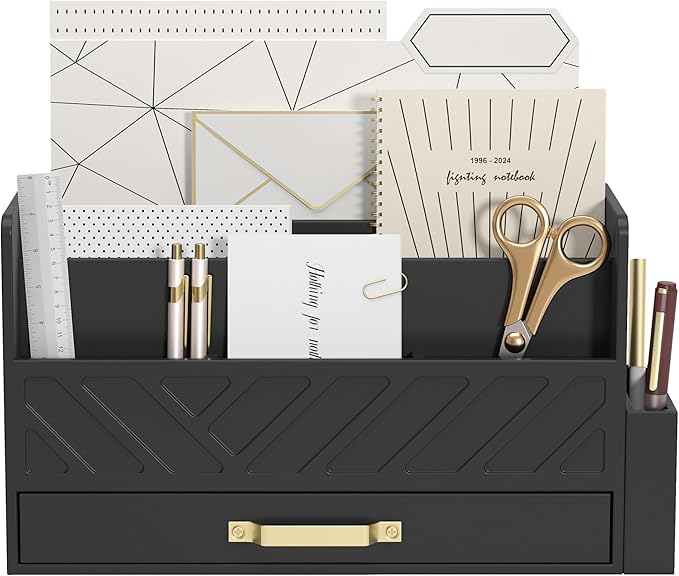 WISUCART Bamboo Desk Organizer Mail Holder Countertop Wood Desk Drawer Tabletop Storage Box Pen Holder Letter Sorter Makeup Organizer for School Home Office Supplies with Pen Holder Black