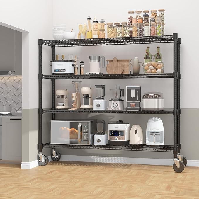 Homdox 4 Tier Heavy Duty Metal Wire Shelving with Wheels, 2400 lbs Capacity Garage Storage Rack, Rolling Industrial Storage, Adjustable Commercial Shelves for Kitchen, Warehouse, 18"x60"x72", Black