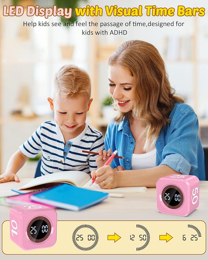 Digital Pomodoro Timer Cube 5/10/25/50min, Visual Productivity Flip Timer for Kids Classroom Desk, Custom Countdown, Silent and Sound Mode for ADHD Study Work Game Kitchen (Pink)