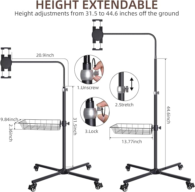 Coslony Adjustable Floor Standing Tablet Stand with Storage Basket, Mobile Rolling Base, Height Adjustable Metal Frame