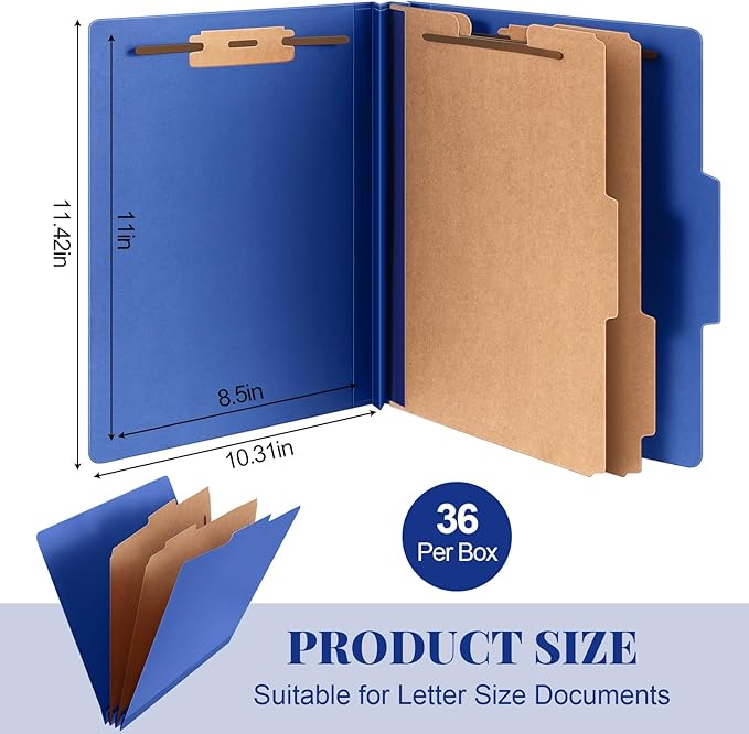 Skyygemm 36 Pcs Classification Folders Letter Size, 2 Divider Pressboard File Folders with 3. 5 Inch Expansion, 2 Prongs Fastener, Heavy Duty Office File Organizers for Teachers, Medical (Dark Blue)