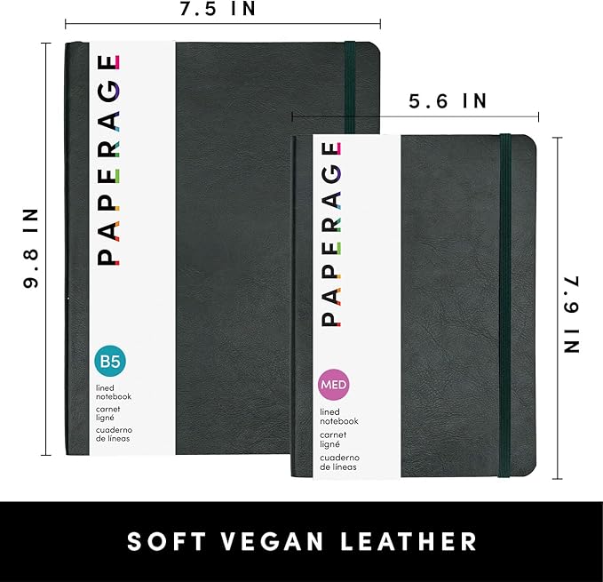 PAPERAGE Softcover Lined Journal Notebook (Dark Green), 176 Pages, Large B5 College Ruled Notebook, 7.5 inches x 9.8 inches - 100 GSM Premium Paper, Soft Vegan Leather Journal for Home, Work & School