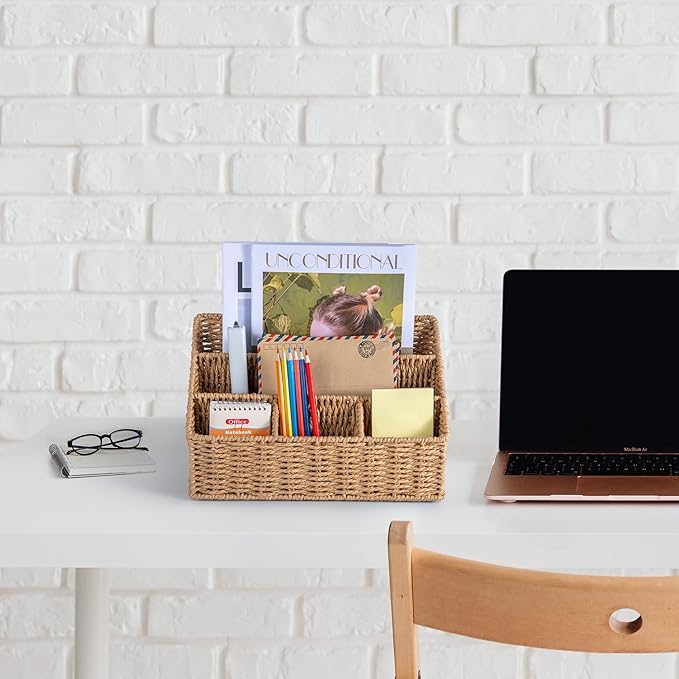 DINGTAI Rattan Desk Organizer, Tabletop Mail Holder, 5 Slot Mail Organizer Countertop Basket, Rattan Office Supplies, Boho Office Desk Accessories, Wicker Desk Organizer, Magazine Holder（Wicker）
