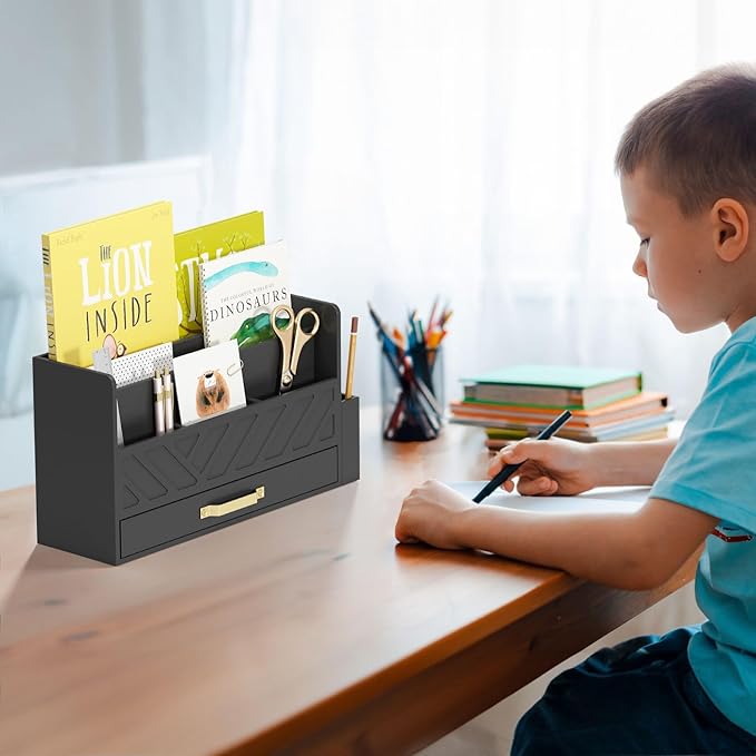 WISUCART Bamboo Desk Organizer Mail Holder Countertop Wood Desk Drawer Tabletop Storage Box Pen Holder Letter Sorter Makeup Organizer for School Home Office Supplies with Pen Holder Black