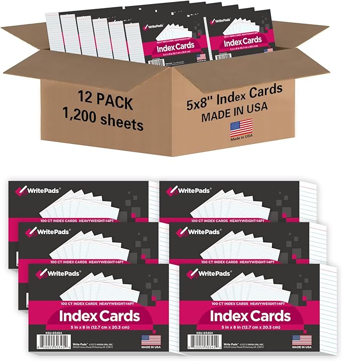 KAISA Lined Index Card 5"x8" Index Cards Flashcards, 1200 Count Index Cards, White 12 pack of 100 Shrink,Heavy Weight Paper Made in the USA(KSU-03454)