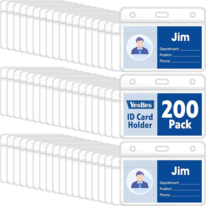 200 Pcs Horizontal Badge Holders, Extra Thick ID Card Name Tag Badge Holder with Resealable Zip, Waterproof ID Badge Holder
