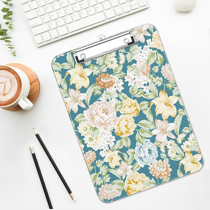 Luminzo Plastic Cute Clipboard Low-Profile Metal Clip, A4 Letter Size 9 x 12.5 in, 8.5 x 11 Paper Clip Board for Teachers, Nurses, Classroom,Blue Crushed Flower