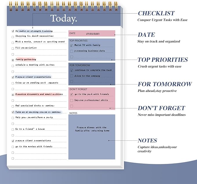 To Do List Notepad - Daily Planner Notepad Undated 52 Sheets Tear Off, 6.5" x 9.8" Checklist Productivity Organizer with Hourly Schedule for Tasks