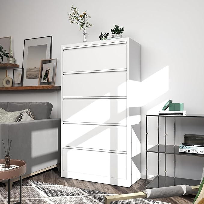 FLIXELIO 5 Drawer Metal Office Storage Filing Cabinet with Lock, White Lateral File Cabinet for Home Office, Horizontal Locking for Legal/Letter/A4, Assembly Required