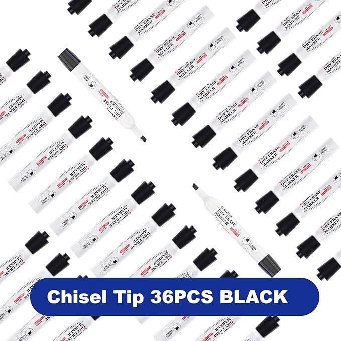 Comix Low Odor Dry Erase Markers Black, 36 Bulk Black Color Whiteboard Markers, Chisel Tip Thick Markers for Classroom, Teachers, Office, School Supplies