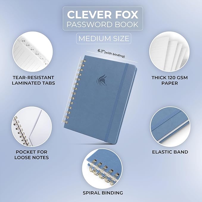 Clever Fox Password Book Spiral – Internet Address & Password Organizer with Laminated Alphabetical Tabs – Password Keeper Journal – Hardcover, Medium Size, 6.1x7.7” (Smoke Blue)