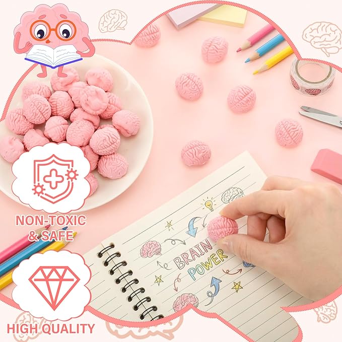 Gilprop 24 Pcs Brain Shaped Erasers Bulk, 1 Inch Mini Halloween Erasers Halloween Party Favors Fun Classroom Supplies Cute Novelty Gifts for Students Teacher Must Haves (Pink)