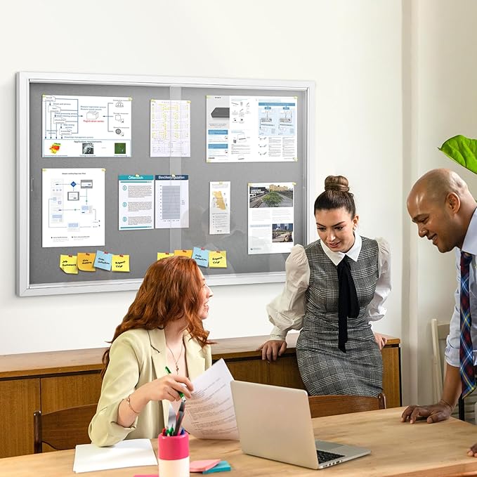 SWANCROWN Glass Enclosed Bulletin Board 48"x32", Locking Message Board with Sliding Glass Doors for Indoor Use, Grey Fabric