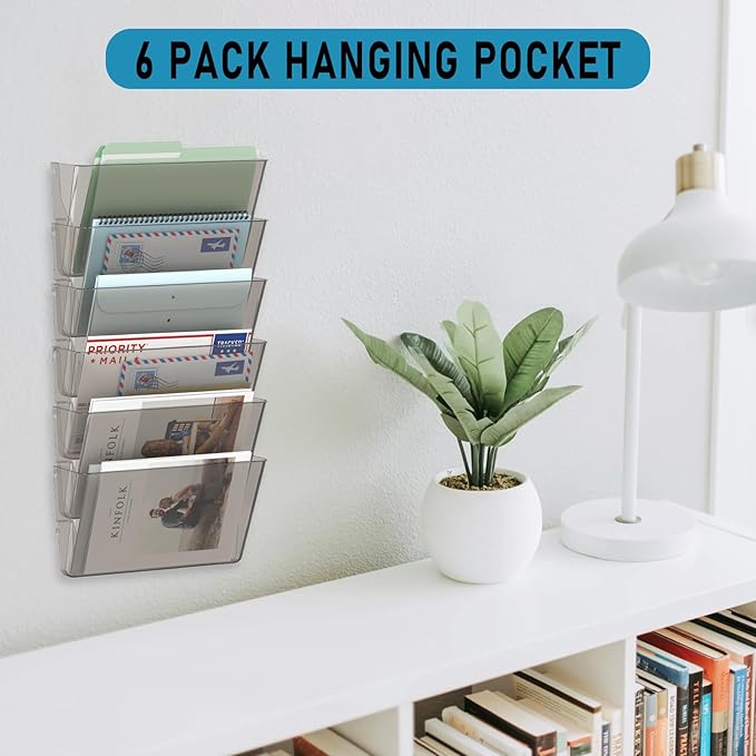 MINDEPOT 6 Pockets Acrylic Wall File Organizer, Clear Wall File Holder, Plastic Hanging Wall File Holder for Office, School and Home, Smoky