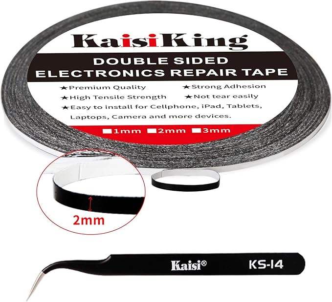 Kaisiking 2mm LCD Repair Tape for Phone Screen, Adhesive Tape with 1 Tweezers for Cell Phone, iPad, Tablets, Laptops, Camera