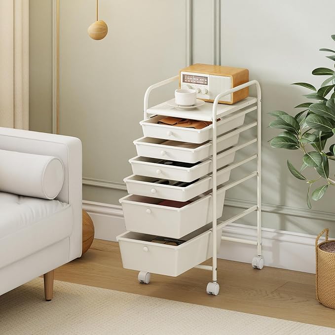 Giantex 6 Storage Drawer Cart Rolling Organizer Cart for Tools Scrapbook Paper Home Office School Multipurpose Mobile Utility Cart (Ivory)