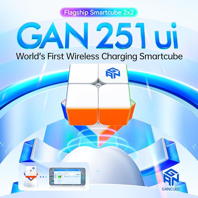 GAN 251 UI 2x2 Magnetic Speed Cube with Wireless Charging & Bluetooth - Electronic Smart Cube with GAN PowerPod, Puzzle Toy for Kids Adults, Competition Timer, Step Tracking, UV Coated