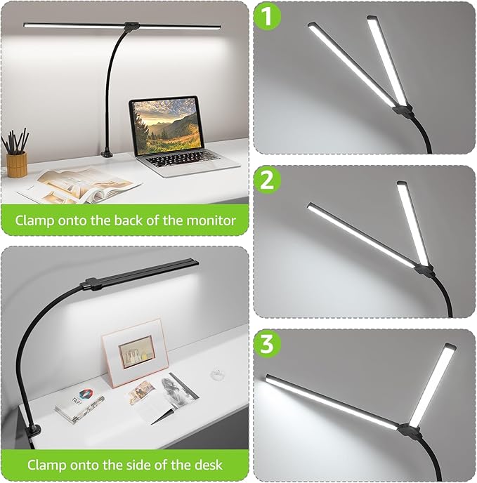ShineTech LED Desk Lamp for Home Office, 3000K Warm White Double Head Architect Task Lamps with Clamp, Dimmable Adjustable Flexible, Black
