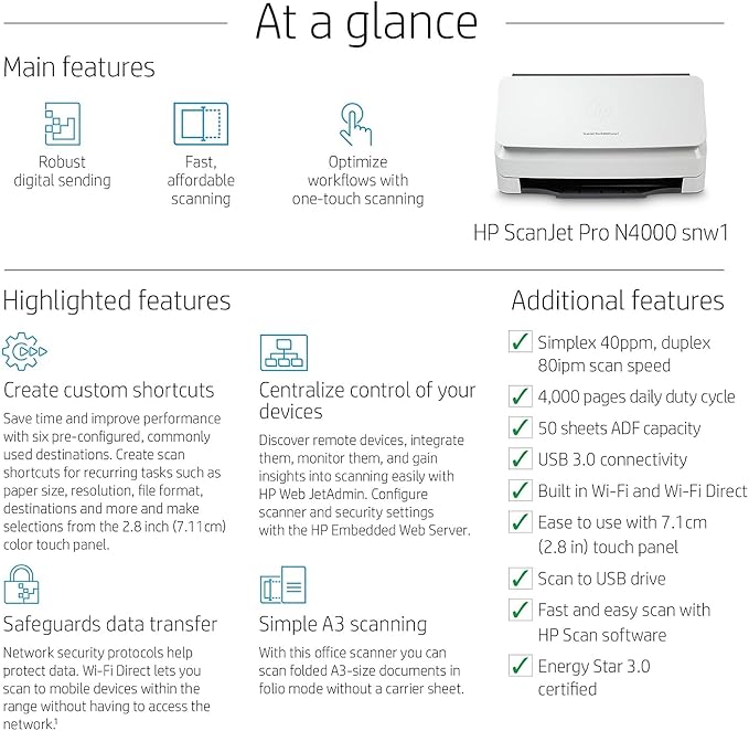 HP ScanJet Pro N4000 snw1 (6FW08A) 40ppm Wi-Fi/USB Color Duplex Scanner with Control Panel for Documents, Photos, Receipts, and Cards. Twain/ISIS Drivers Included