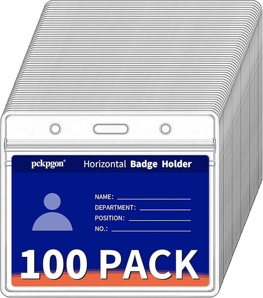 PCKPGON 100 Pack Horizontal ID Badge Holder, Clear Plastic Lanyard Key Card Holders, Work Name Tag Sleeve Badges Protector Cover with Waterproof Resealable Zipper for Nurses, Fits Credit Size Cards