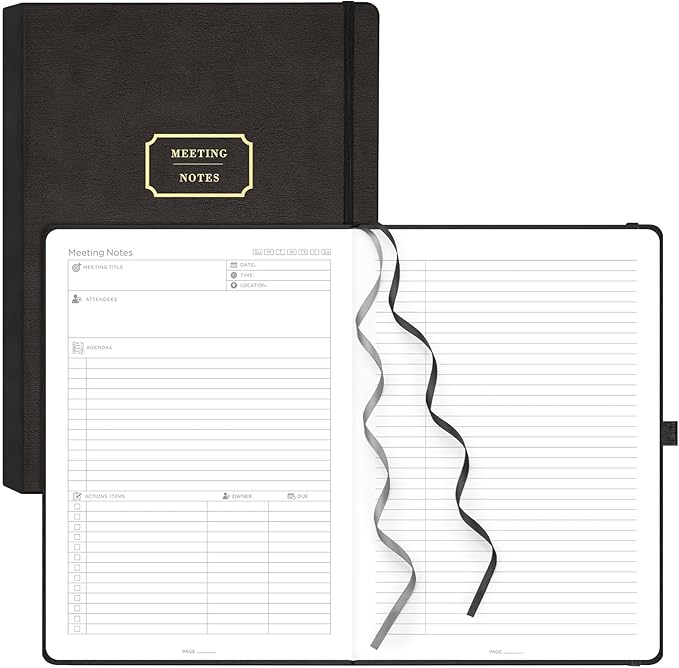 EMSHOI Meeting Notebook for Work with Sticky Tabs - 240 Pages, A4 Size Project Planner, PU Leather Meeting Agenda/Minutes Organizer for Women Men, Note Taking, Office & Business, 8.3"x11.7", Black