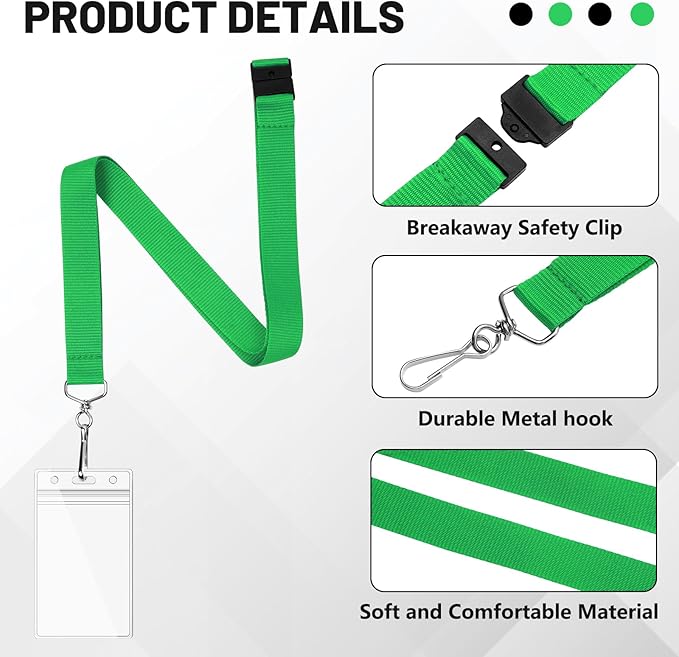 12-Pack Green Breakaway Lanyards with Waterproof Badge Holders, Polyester Neck Straps for ID Cards, Events, Office, and Schools