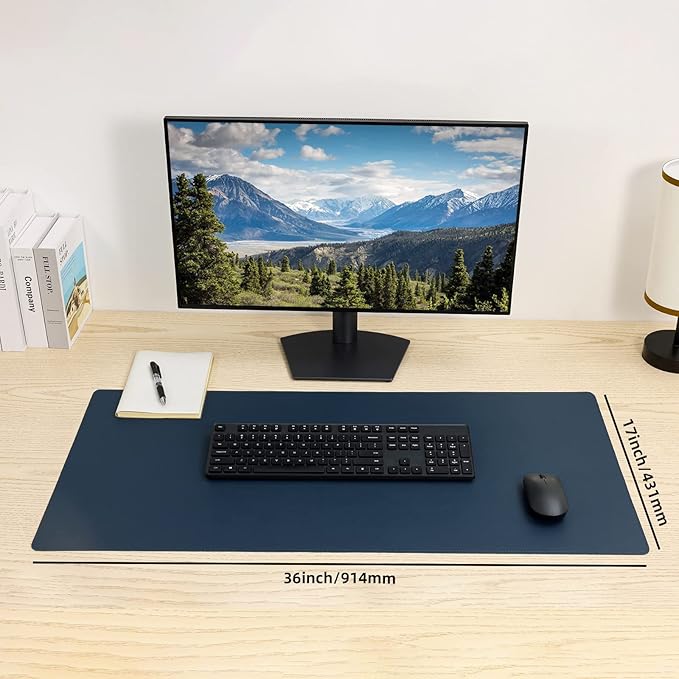 Wolaile PU Leather Desk Pad Blotter,Navy Waterproof Office Desktop Mat for Men,36x17in Non-Slip Large Mouse Pad/Writing Protector/Desk Accessories