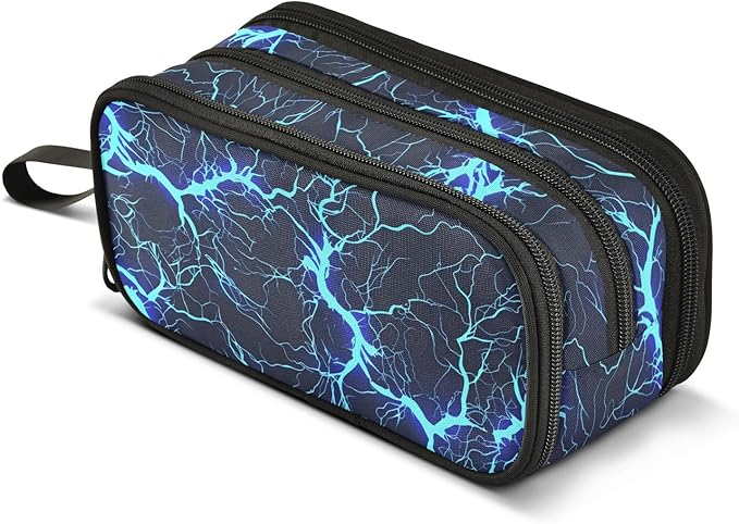 BOENLE Dark Blue Electric Lightning Pencil Case Box Boys Girls Large Pencil Pouch with Zipper Compartments Big Capacity Stationery Pen Bag Organizer for Kids Teens Adults School