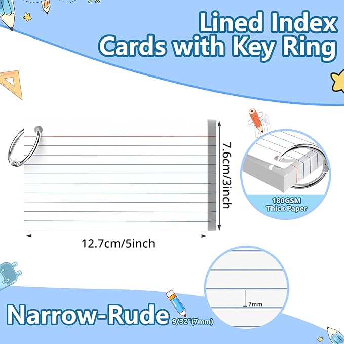 Ciphyfee Index Cards 3x5 Inch With Ring, 300 Count, Ruled White Colored Index Card, 180GSM Flash Cards College Ruled for Students, Teachers, Study Note Card for Office, Home, School, Office