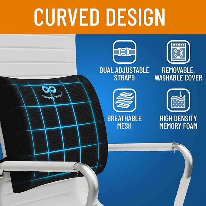 Everlasting Comfort The Original Lumbar Support Pillow - Improves Posture, Promotes Back Pain Relief - Superior Office Chair Back Support for Gaming and Desk Chairs - Lumbar Pillow for Car, Couch