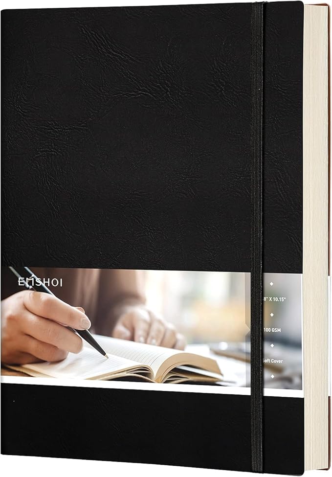 EMSHOI Dotted Journal Bullet Notebook, B5 Large Softcover Leather Journal, 192 Numbered Pages 100gsm Thick Dot Grid Notebook for Drawing Women Men Work School Supplies, 7.48"x10.15"-Black