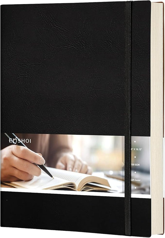 EMSHOI Dotted Journal Bullet Notebook, B5 Large Softcover Leather Journal, 192 Numbered Pages 100gsm Thick Dot Grid Notebook for Drawing Women Men Work School Supplies, 7.48"x10.15"-Black