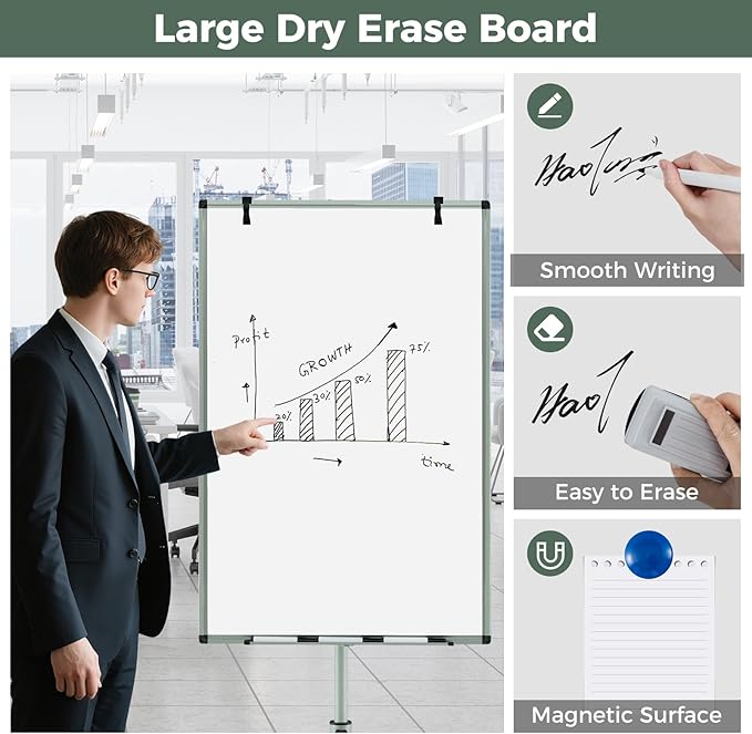 Goplus 40” x 26” Rolling Whiteboard, Height Adjustable Magnetic Dry Erase Board on Wheels with Round Stand, Paper Clips, Storage Tray, Paper Pad, Magnets, Markers, Mobile White Board for Office School