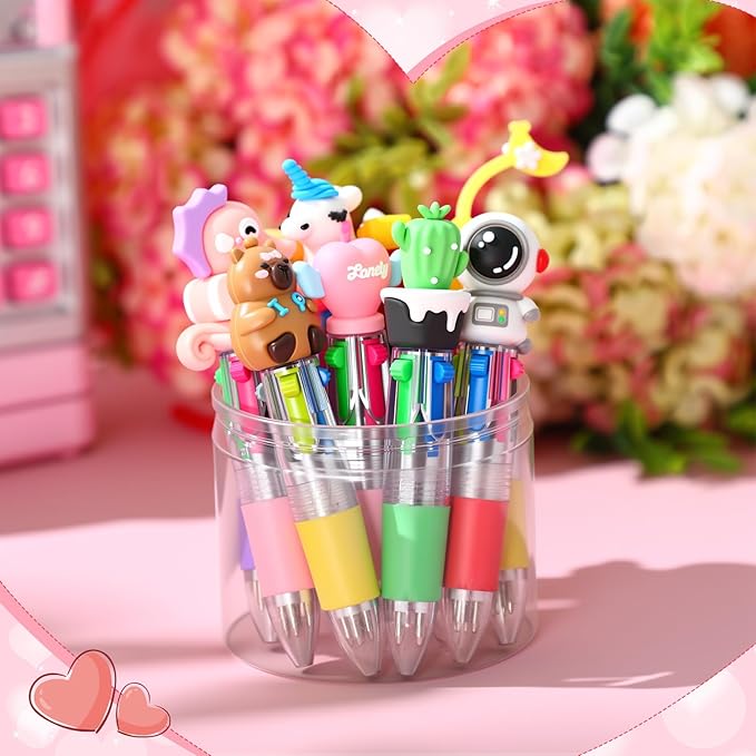 Pajean 24 Sets Valentine's Day Gifts for Classroom Exchange Cute 4-in-1 Multicolor Ballpoint Pens with Cards Valentines Party Favors School Students Prizes Bag Fillers Sweet Stationery Supplies
