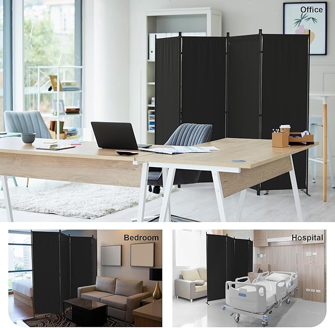 Kecreque Room Divider 4 Panel Partition Room Dividers & Folding Privacy Screens w/ 3 Metal Feet 6FT Portable Wall Doubles as a Dressing Screen Portable Wall for Office Kitchen Children's Room,Black