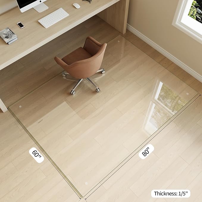 Koonmi Tempered Glass Chair Mat for Hardwood Floors & Carpets, 60" x 80“ Transparent Heavy Duty Office Floor Protector with Noise-Free Gliding Shatterproof for Home Office Desk