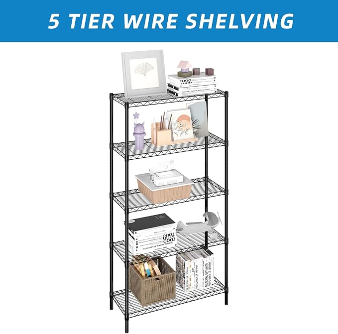 Guan River 5-Shelf Adjustable Metal Shelf Wire Shelving Unit Storage Rack Display Shelf for Office,Kitchen,Bedroom,Bathroom,Laundry,Pantry Basement,Garage(Black,36" L x 14" W x 72" H)