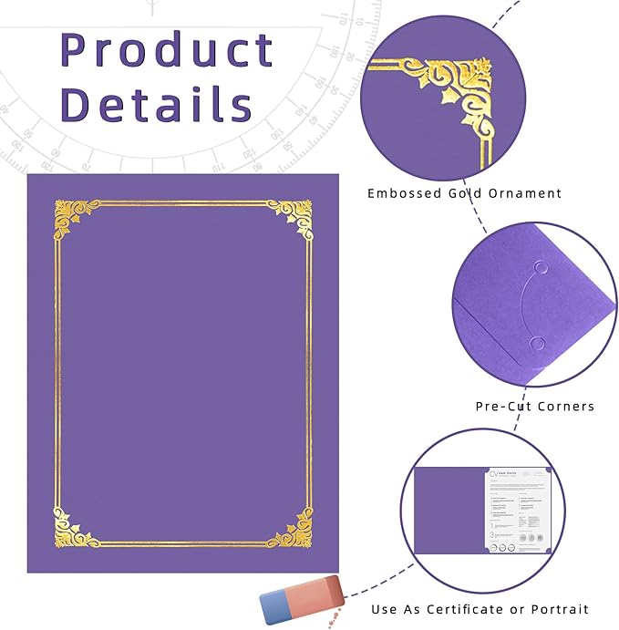 HAUTOCO 30 Packs Certificate Holders, Purple Diploma Holders, Document Award Covers Certificate Folders with Gold Foil Border for 8.5x11 Letter Size