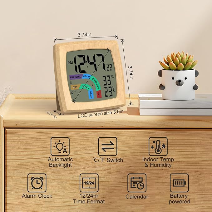 VOILEIPAGI Travel Alarm Clock Bedside Clock with Auto Backlight, Battery Powered Alarm Clock Temperature and Humidity, Second, Date, 12/24H, Wood Grained Small Clock Digital Alarm Clocks for Bedrooms