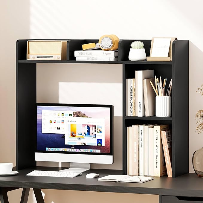 Tangkula Desktop Bookshelf, Countertop Storage Hutch with Shelves for Computer Desk, Desk 3-Tier Display Rack, Multipurpose Wood Desktop Hutch Storage Organizer for Dorm Office (Black,5 Shelves)