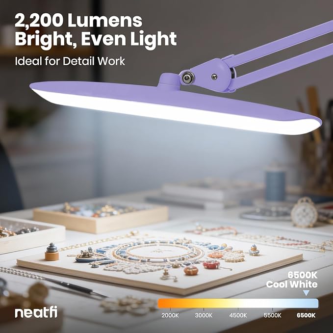 Neatfi XL 2,200 Lumens LED Desk Lamp with Clamp, 24W Bright Architect Task Lamp, 20 Inches Dimmable Computer Light, Adjustable Desk Light for Home, Office, Crafts, Nails & Hobbies (Non-CCT, Lavender)
