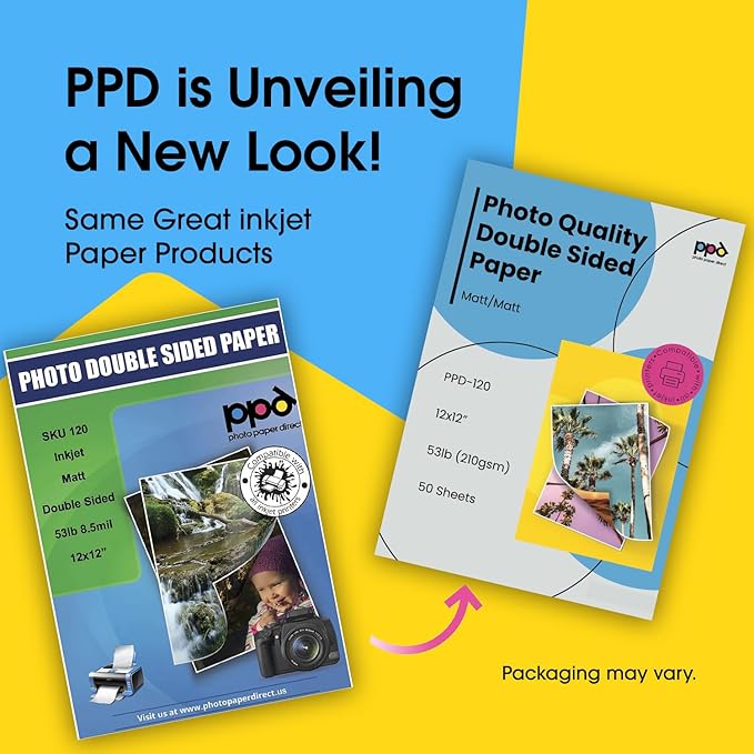 PPD Double Sided Photo Paper, Matte Brochure Paper 12 x 12 for Inkjet Printer, 210 gsm, 9 mil for Magazine, Flyer, Presentation, Program, Instant Dry & Water Resistant (50 Sheets)