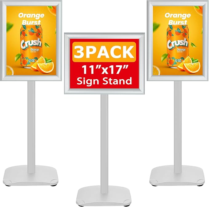 VAIIGO 3 Pack Heavy Duty Standing Sign Holder 11x17 Inch - Pedestal Floor Sign Stand with Weighted Base - Vertical & Horizontal Poster/Menu Display Stands for Indoor/Outdoor Advertising, Silver